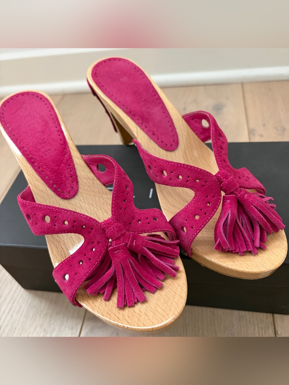 Celine Pink Suede Openwork Tassel Mule Clogs Size 37